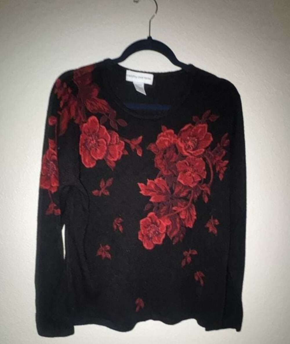 Cathy Daniels Black Red Floral Rose Knit Long Sleeve Crewneck Sweater XL